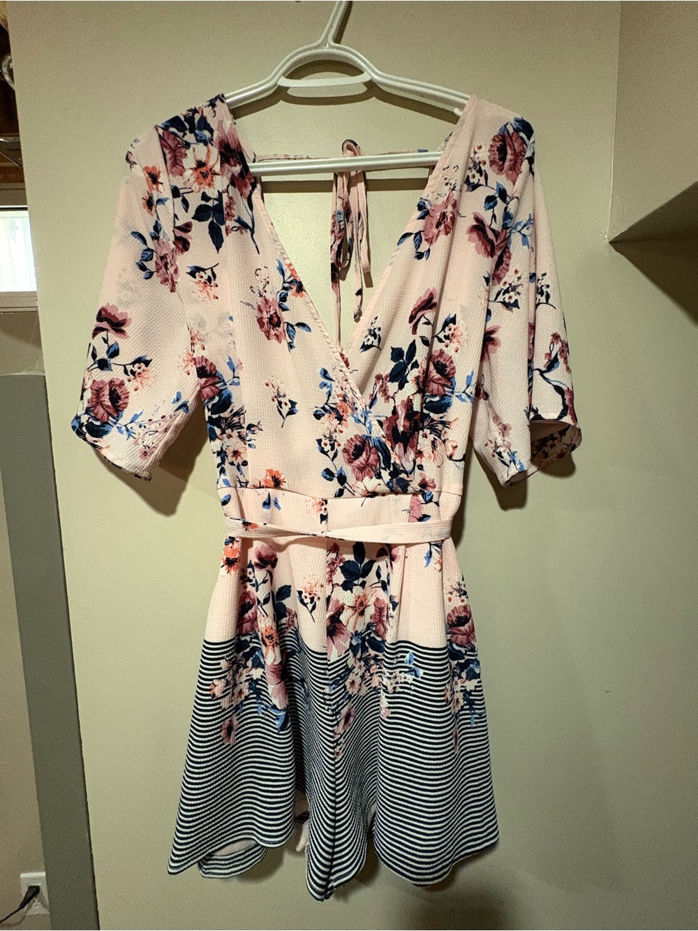 NWT Blue Rain Pink Floral Romper with Navy Accents